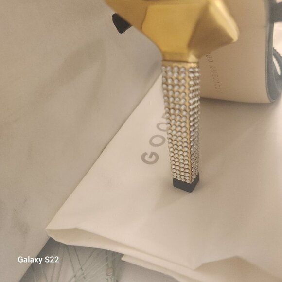 Good American Black Satin and Gold Rhinestone Square Toe Heels GA115K-X Size 5.5 - Picture 5 of 10